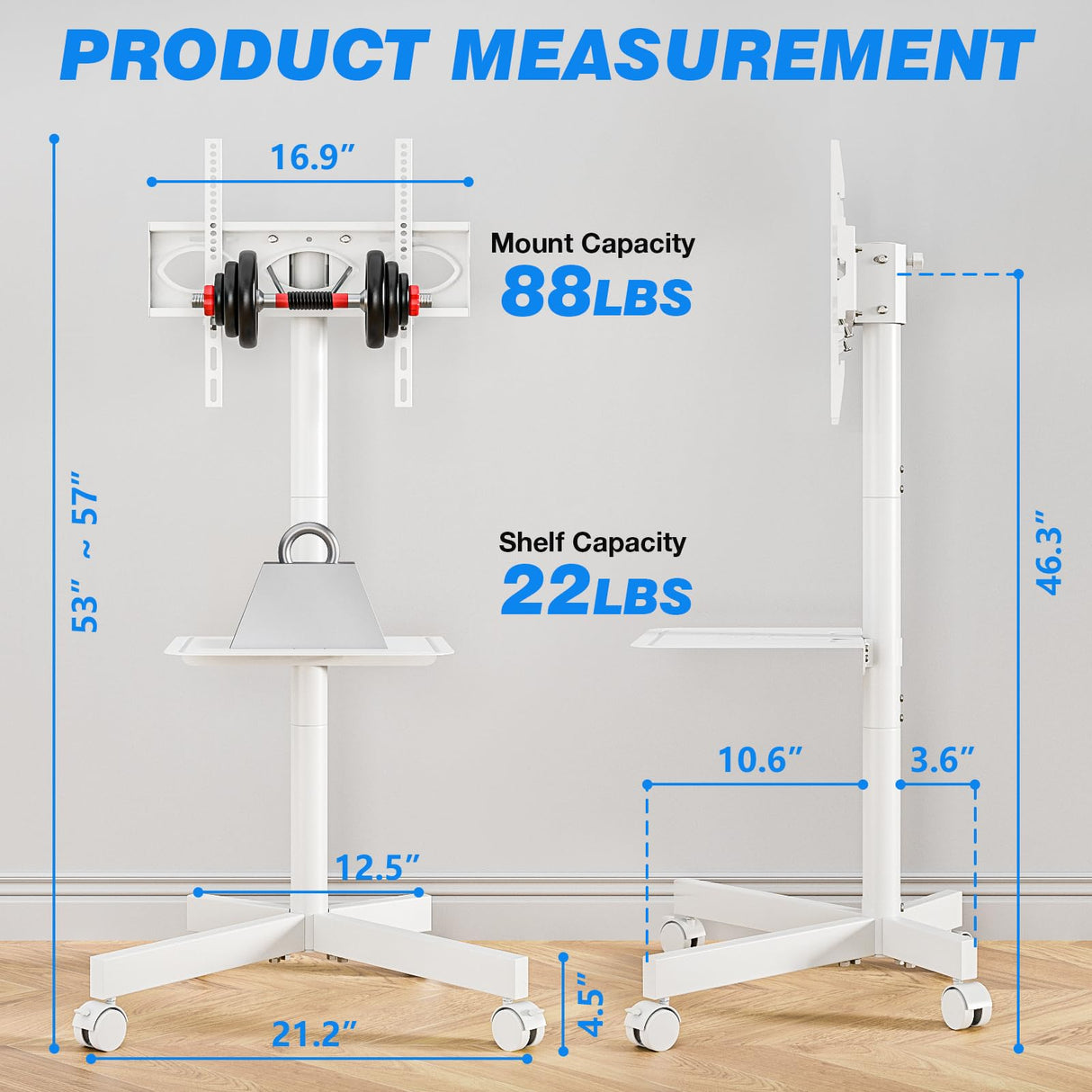 Rfiver Mobile TV Stand for 23-60 Inch LCD LED Flat/Curved Panel Screen TVs up to 88 lbs, Rolling TV Stand with Adjustable Shelf & Tilt, Portable Floor Stand on Wheels for Bedroom, Living Room, White Rfiver