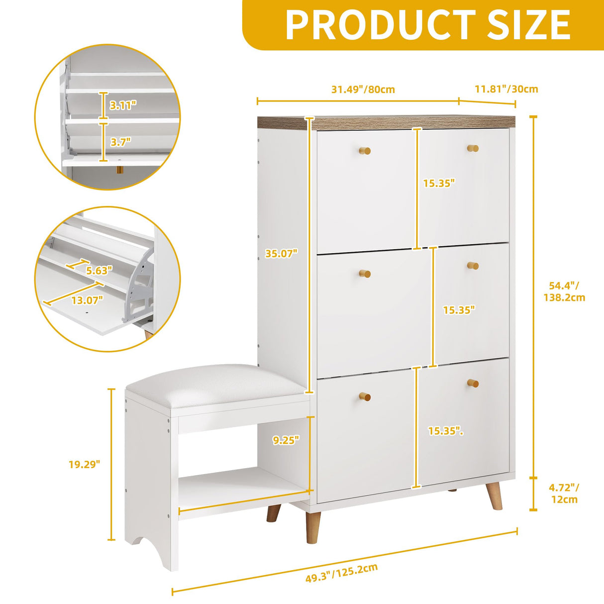 DWVO Shoe Cabinet with Bench for Entryway, Modern Shoe Storage Cabinet Shoe Bench, Narrow Hidden Shoe Organizer with 3 Flip Drawer, for Hallway, Closet, Living Room, White DWVO