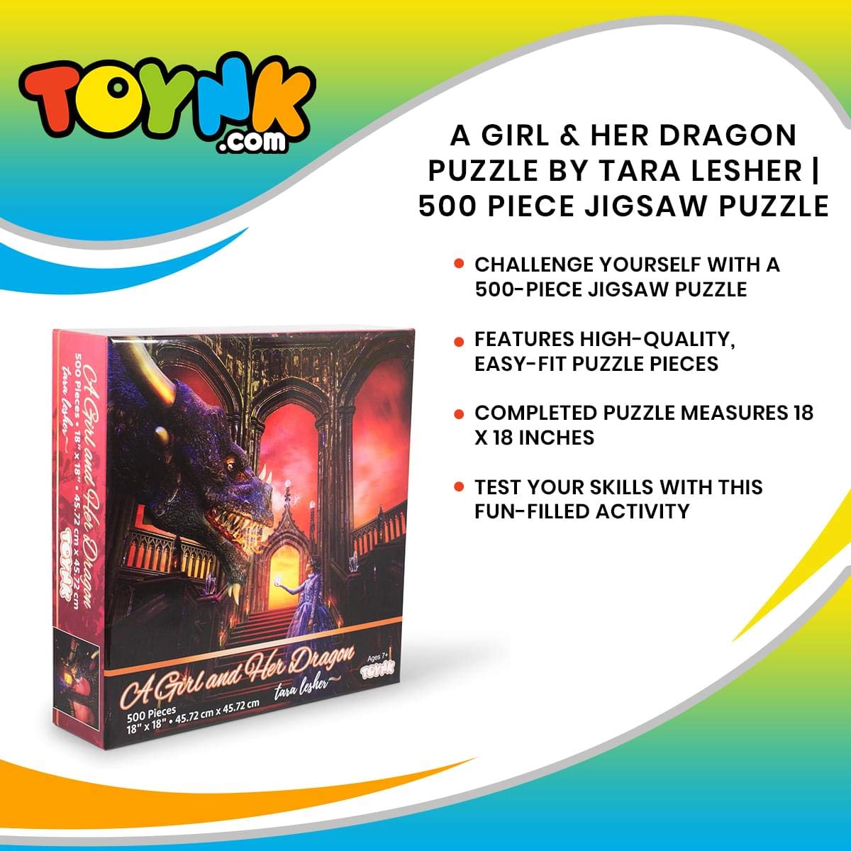 A Girl & Her Dragon Puzzle By Tara Lesher | Fairytale Castle 500 Piece Jigsaw Puzzle For Adults And Kids | Interactive Brain Teaser for Family Game Night | 18 x 18 Inches Toynk