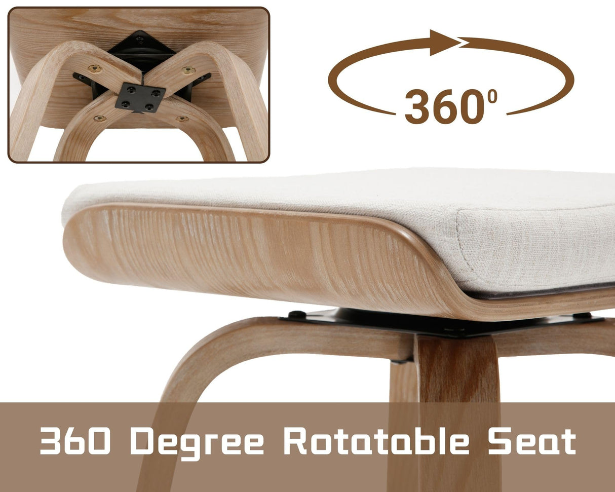 26’’ Swivel Counter Stools Counter Height Bar Stools Set of 2, Rustic Farmhouse Backless Swivel Bar Stools Beige Linen Cushion Bar Height Chairs with Footrest, Modern Wood Barstools for Kitchen Island HNY