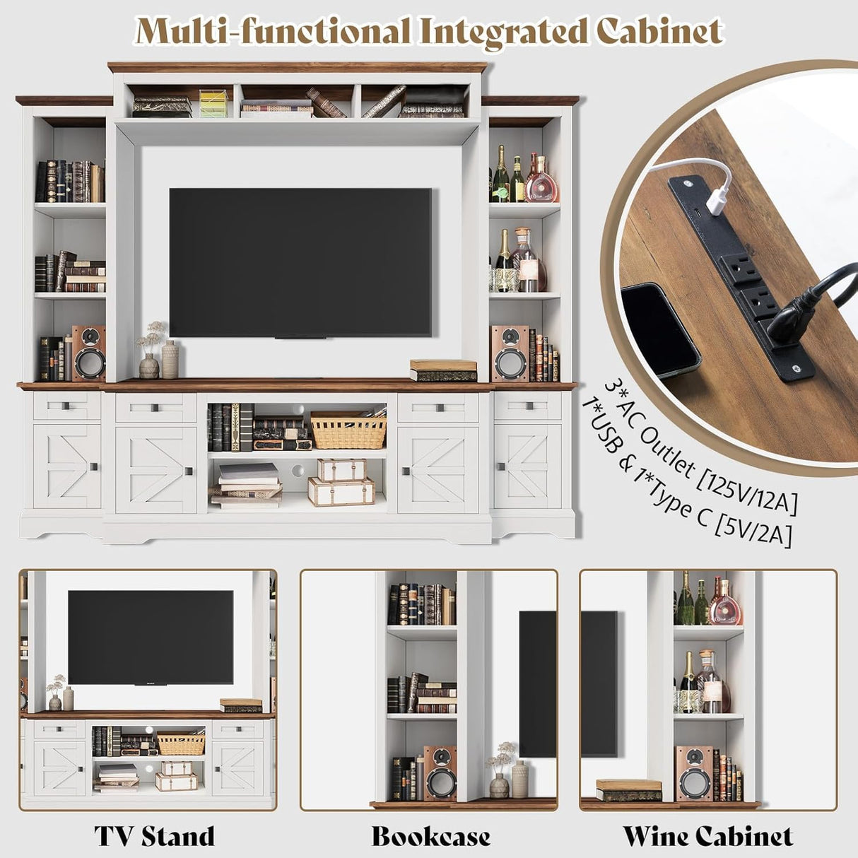 AMERLIFE 98" Farmhouse Entertainment Center Wall Unit with Bookshelves, Wine Cabinet, Fits 78" TVs, Large TV Stand with Power Outlets & Barn Door, Rustic Media Console for Living Room, White AMERLIFE