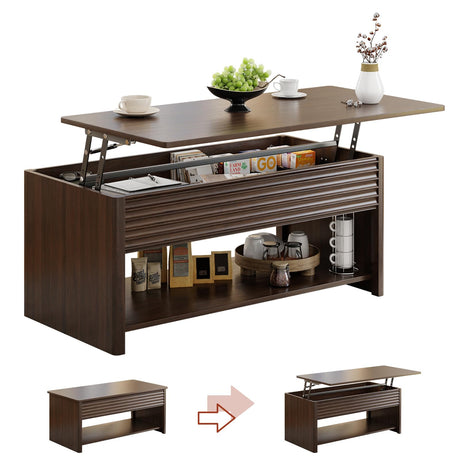 Fluted Lift Top Coffee Table for Living Room, Small Coffee Table with Storage Hydraulic Lift Large Capacity, Sturdy Legs Safe Round Corner, Easy Assembly for Small Spaces, Horizontal Grain-Brown RUMBALUXY