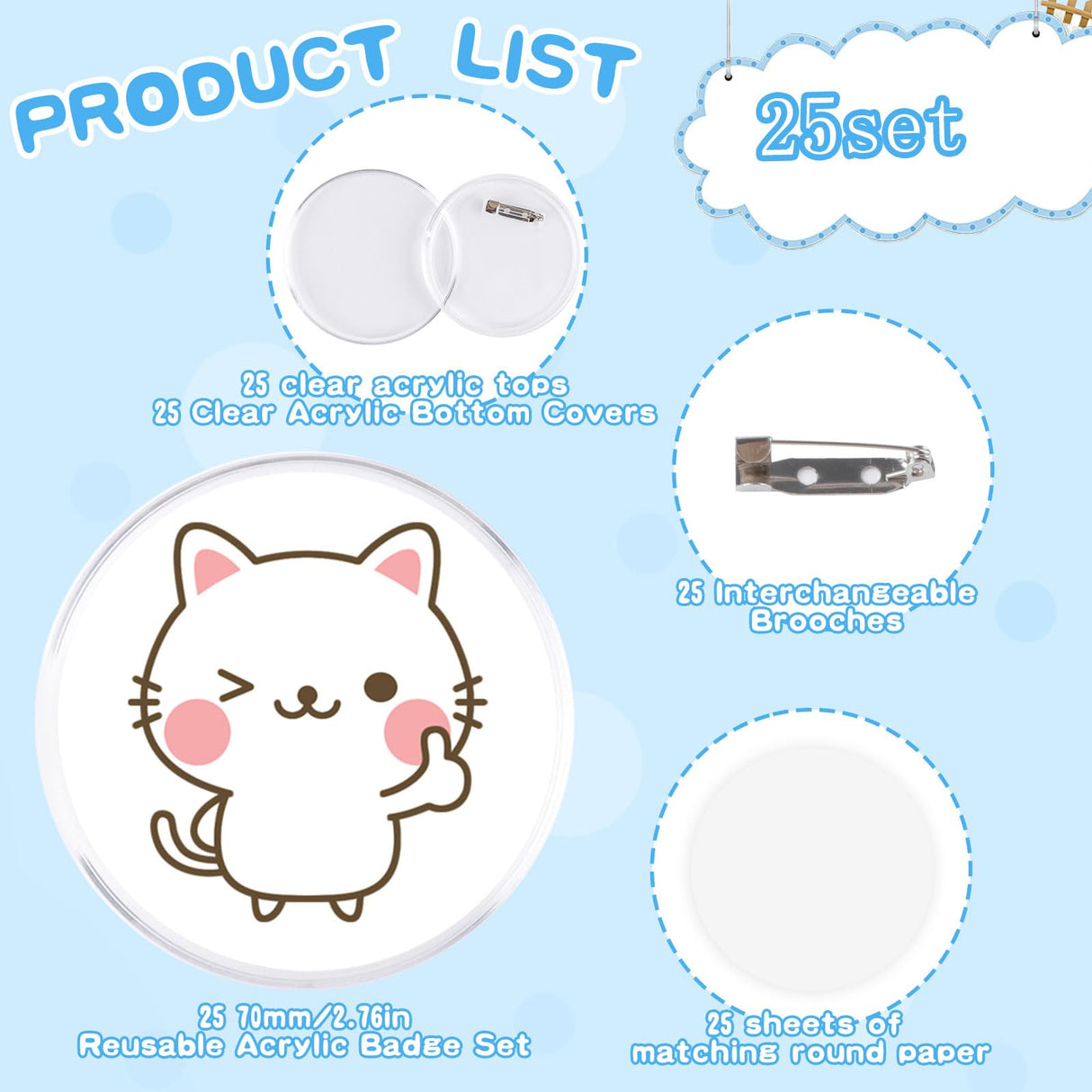 MK.Bear 25 Pack Acrylic Button Pins Badge, 70mm/2.76 Inch Clear Pins Buttons Kit with Blank Round Paper, DIY Badges Acrylic Pin Buttons for Christmas Craft Supplies MK.Bear