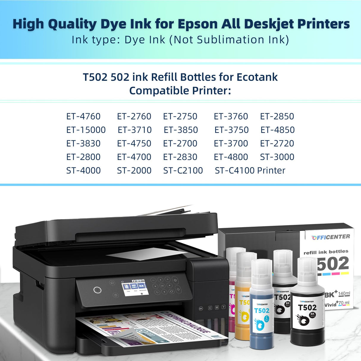 Officenter T502 502 Ink Refill Bottles for Ecotank ET2760 ET-4760 ET2750 ET-3760 ET-2850 ET-15000 ST-4000 ST-2000 ET-3710 ET-3850 ET-3750 ET-4850 ET-3830 ET4750 ET2700 ST3000 ET3700 Printer(2BK C M Y) OFFICENTER