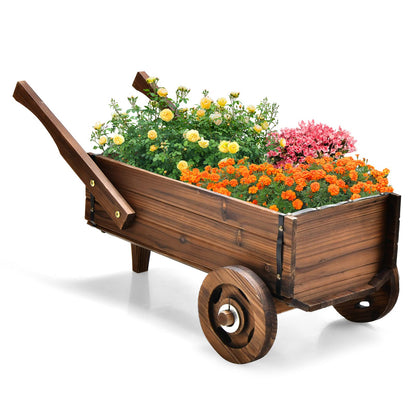 Giantex Wooden Wagon Planter Box, Decorative Wagon Cart with Wheels, Handles, Drainage Hole, Flower Planter Pot Stand, Rustic Flowerpot Planter, Indoor & Outdoor Garden Patio Balcony - WoodArtSupply