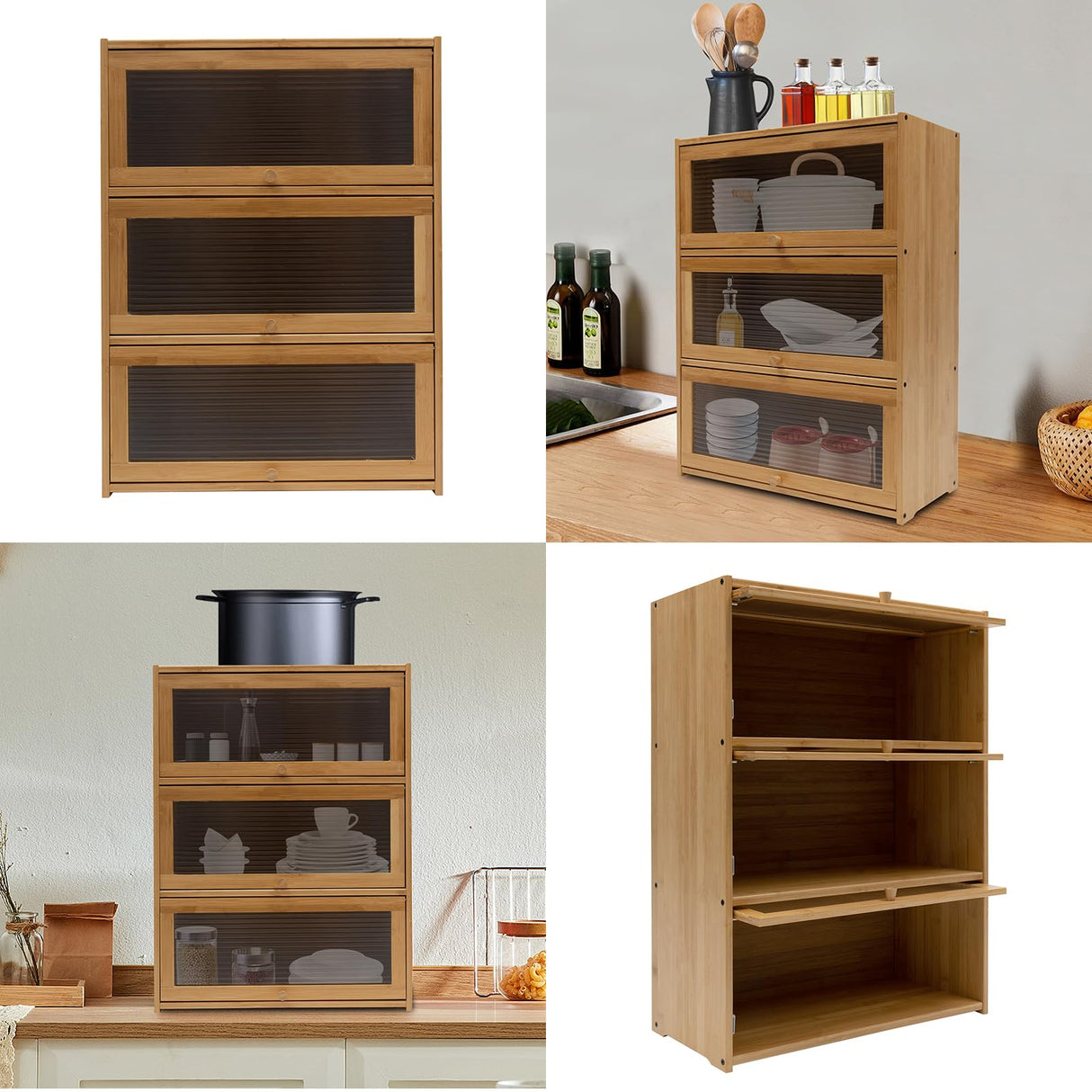 LARIDEN 3 Tiers Bamboo Storage Cabinet for Kitchen Countertop, Freestanding Pantry Cabinet with Flip-Up Door Organizer Shelf for Spice Seasoning Bottles, Plates, Cups Storage Cabinet LARIDEN