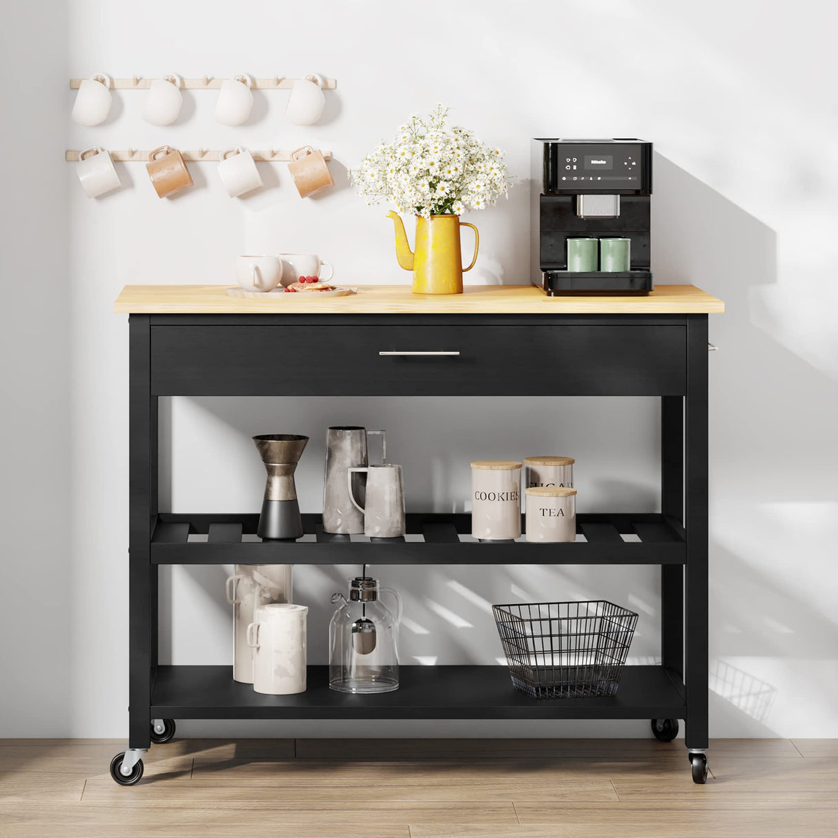 Shintenchi Kitchen Island Cart with Storage,Rolling Kitchen Island Side Table on Wheels with Large Worktop,Storage Cabinet,Towel Rack,Drawers and Open Shelves for Kitchen,Dinning Room,Black Shintenchi