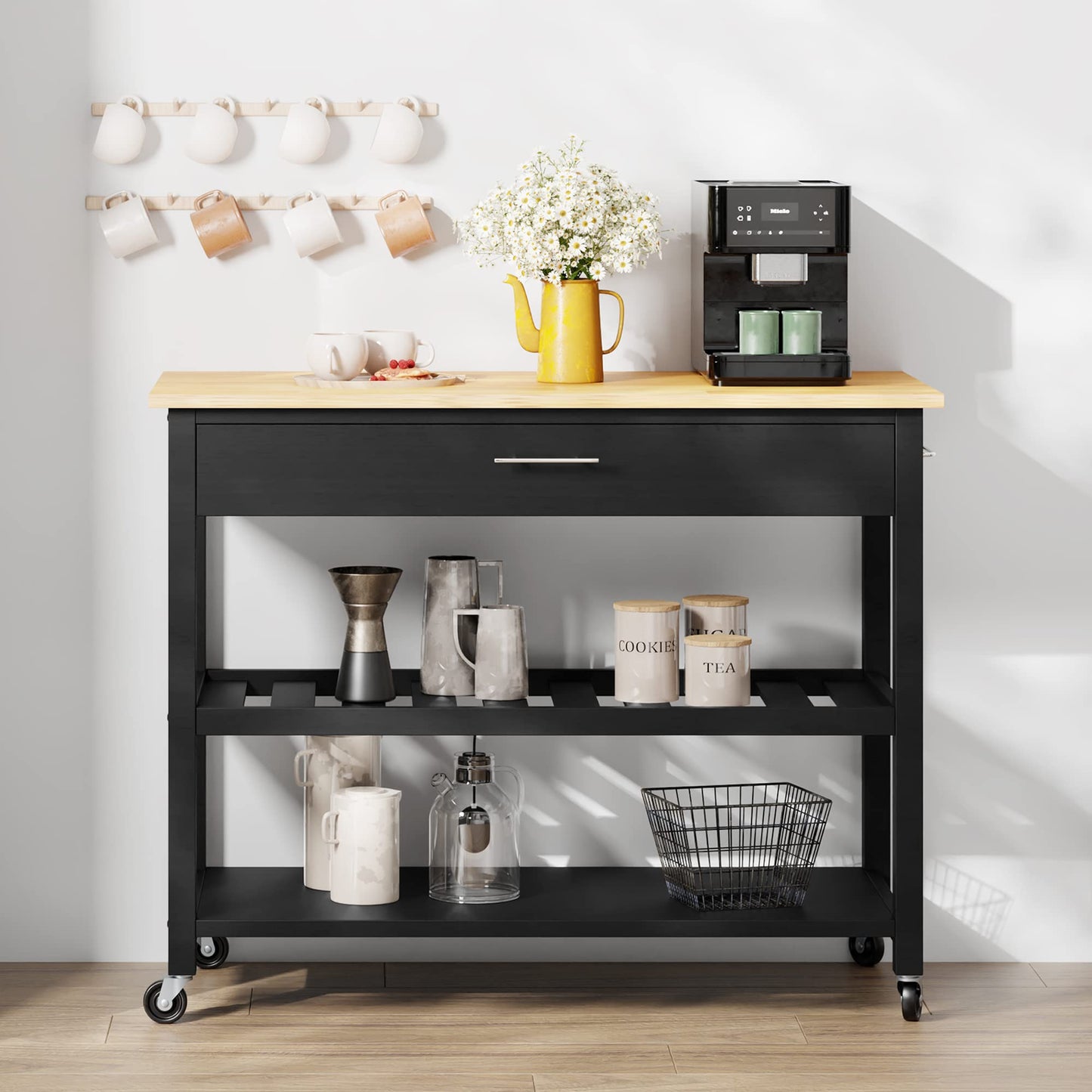 Shintenchi Kitchen Island Cart with Storage,Rolling Kitchen Island Side Table on Wheels with Large Worktop,Storage Cabinet,Towel Rack,Drawers and Open Shelves for Kitchen,Dinning Room,Black