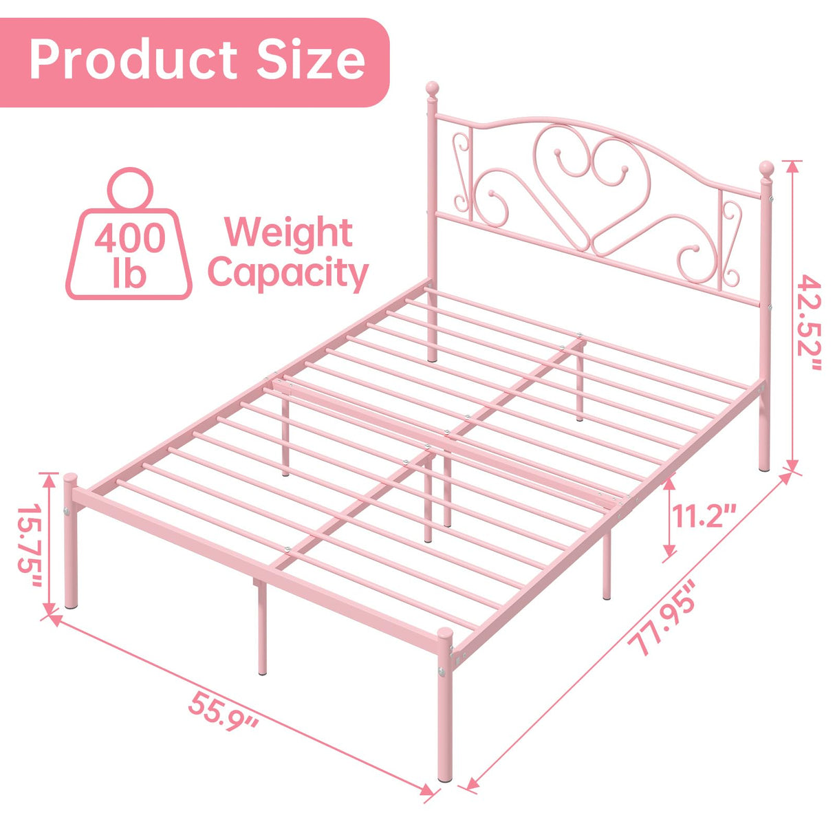 Weehom Full Size Bed Frame with Headboard, Heavy Duty Metal Platform Under Bed Storage Space No Box Spring Needed, Pink Weehom