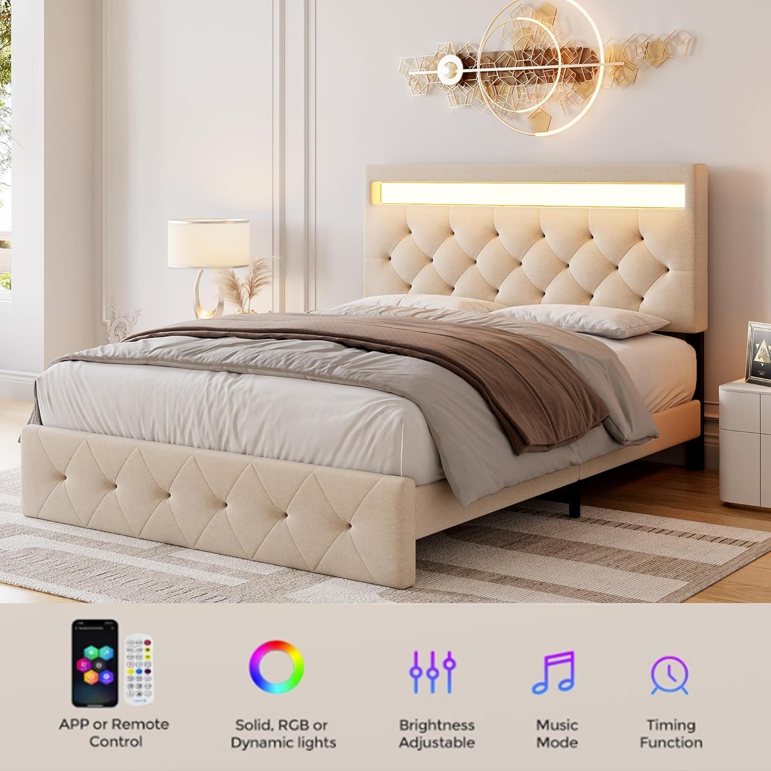 GarveeHome Queen Size Upholstered Bed Frame with Adjustable Headboard, Charging Station, and RGB LED Lights - WoodArtSupply