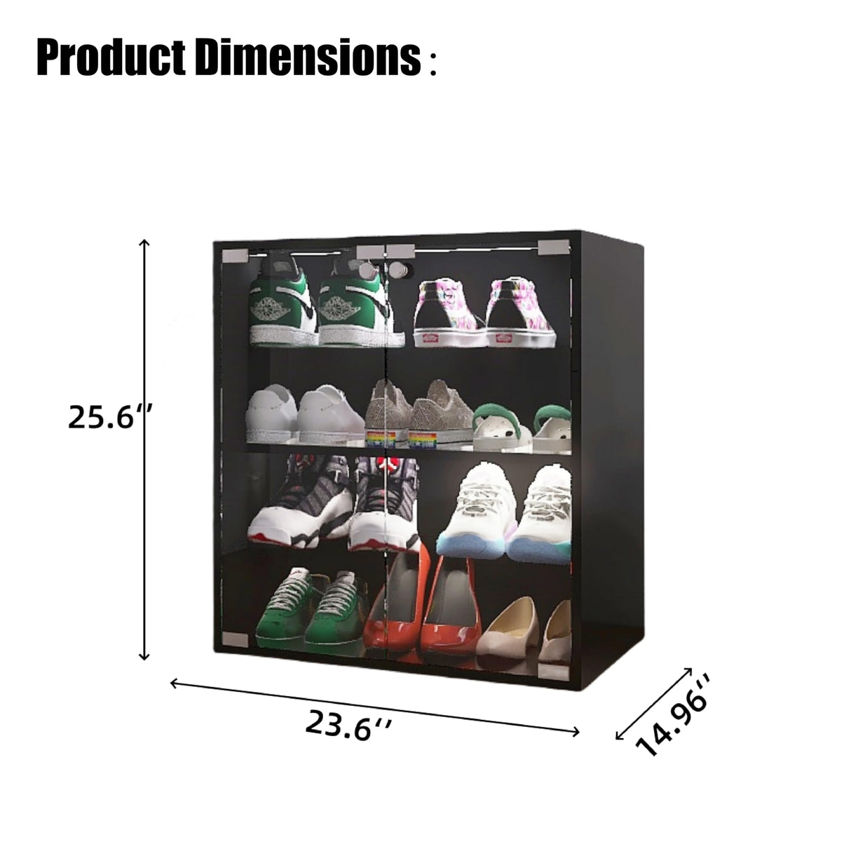 FUQIAOTEC 4 Layers LED Shoe Storage Box, Black Shoe Cabinet with Glass Doors and LED Lights, Wooden Display Shoe Box Suitable for Collection, Can be Remotely Controlled FUQIAOTEC