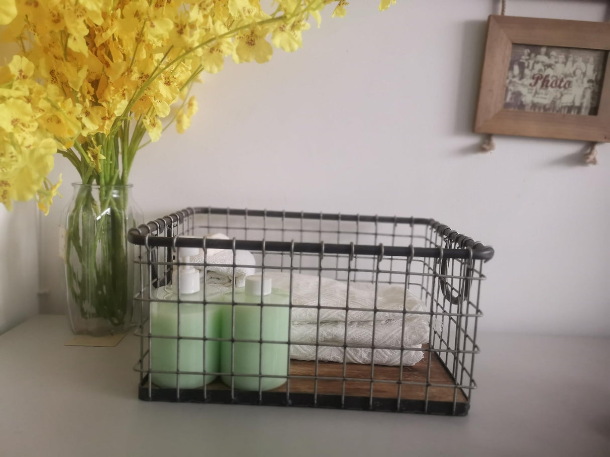 16" Rectangular Sturdy Hand Welded Farmhouse Metal Wire Basket with Rustic Wooden Bottom For Shelves, Closet Storage Bins for Shelves. Also For Laundry, Towel, Spice Rack, Tool Box (1) WoodArtSupply