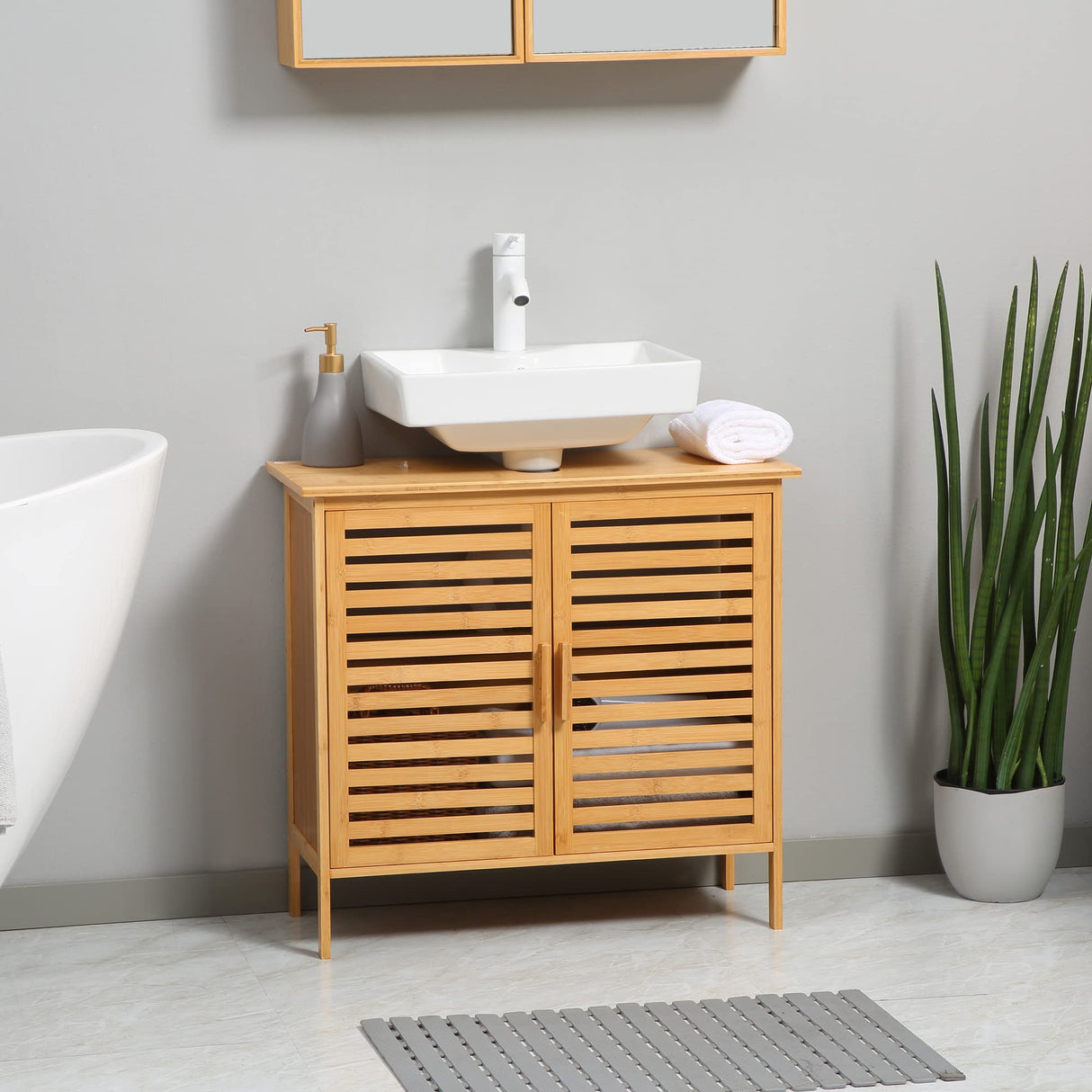 kleankin Under Sink Cabinet, Bamboo Bathroom Vanity Cabinet with 2 Slat Doors, Freestanding Bathroom Sink Cabinet, Natural kleankin