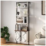 JOINICE,Farmhouse Bookshelf with Storage,71" Tall Industrial Bookcase with Shelves and Cabinet,5 Tier,Wall Mounted Ladder Shelf with Display Rack for Bedroom,Living Room,White JOINICE