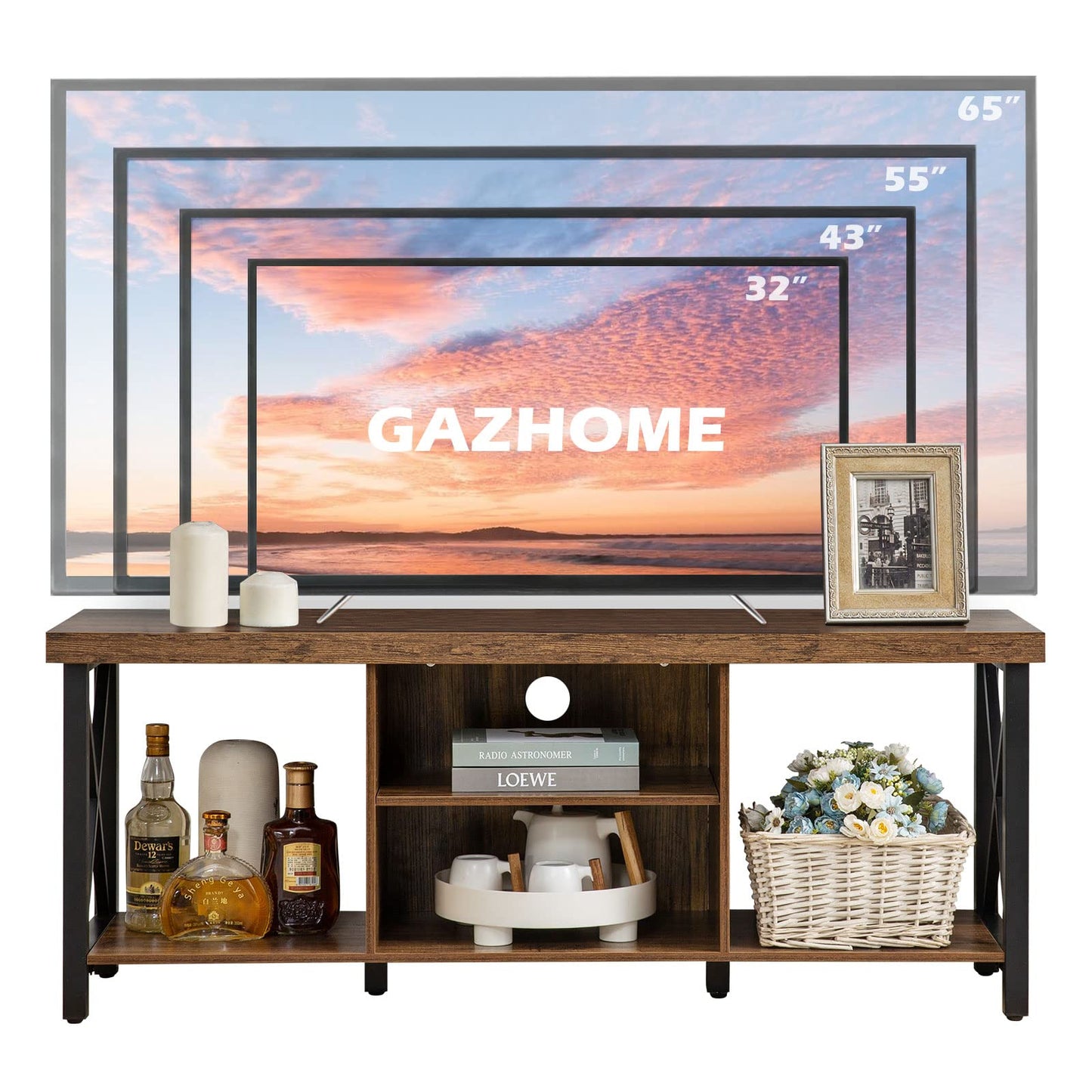 GAZHOME TV Stand for TV up to 55 Inches, TV Cabinet with Open Storage, TV Console Unit with Shelving for Living Room, Entertainment Room, Rustic Brown - WoodArtSupply