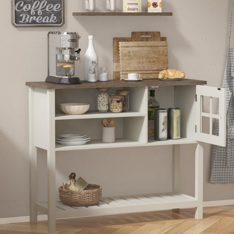 ChooChoo Farmhouse Coffee Bar Cabinet, Buffet Cabinet with Storage, Sideboard Buffet Cabinet with Glass Door, Console Table for Kitchen, Hallway, Entrance, White ChooChoo