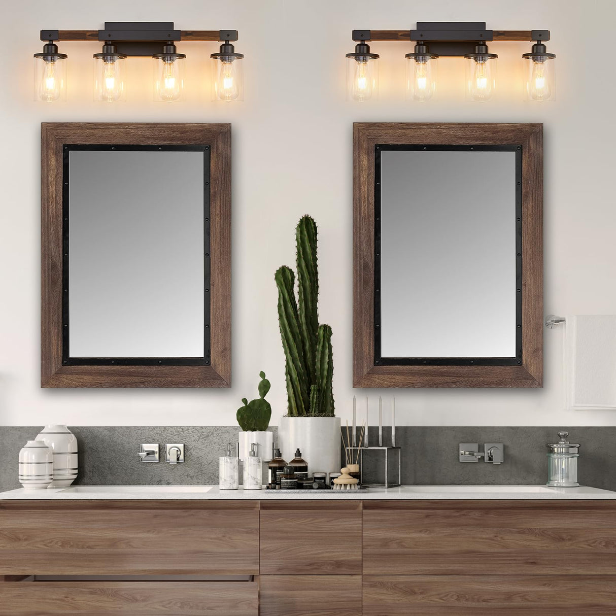 Feohak 4-Light Bathroom Vanity Light, Farmhouse Bathroom Light Fixtures Over Mirror, Rustic Industrial Wood Black Wall Lamp Sconce Light with Clear Glass Shade Feohak