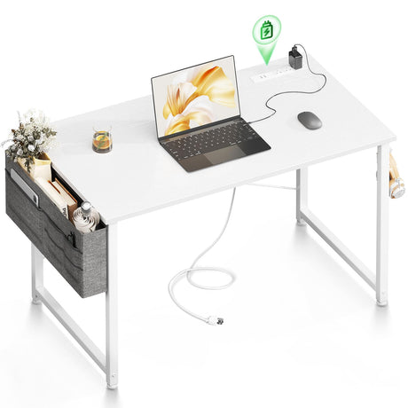 ODK Computer Desk - 40 Inch Office Writing Desk for Home, Student Study Desk with Storage Bag, Headphone Hook & Power Outlets, Modern Simple Table for Bedroom, White ODK