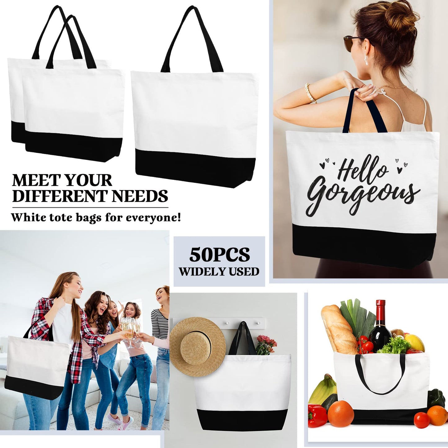 50 Pieces Large Canvas Tote Bags Reusable Grocery Cloth Bags Sublimation Tote Bags Blank Plain Bulk Bags with Zipper Cotton Tote Bag Black White for DIY Crafts for Shopping Women Employee Teachers