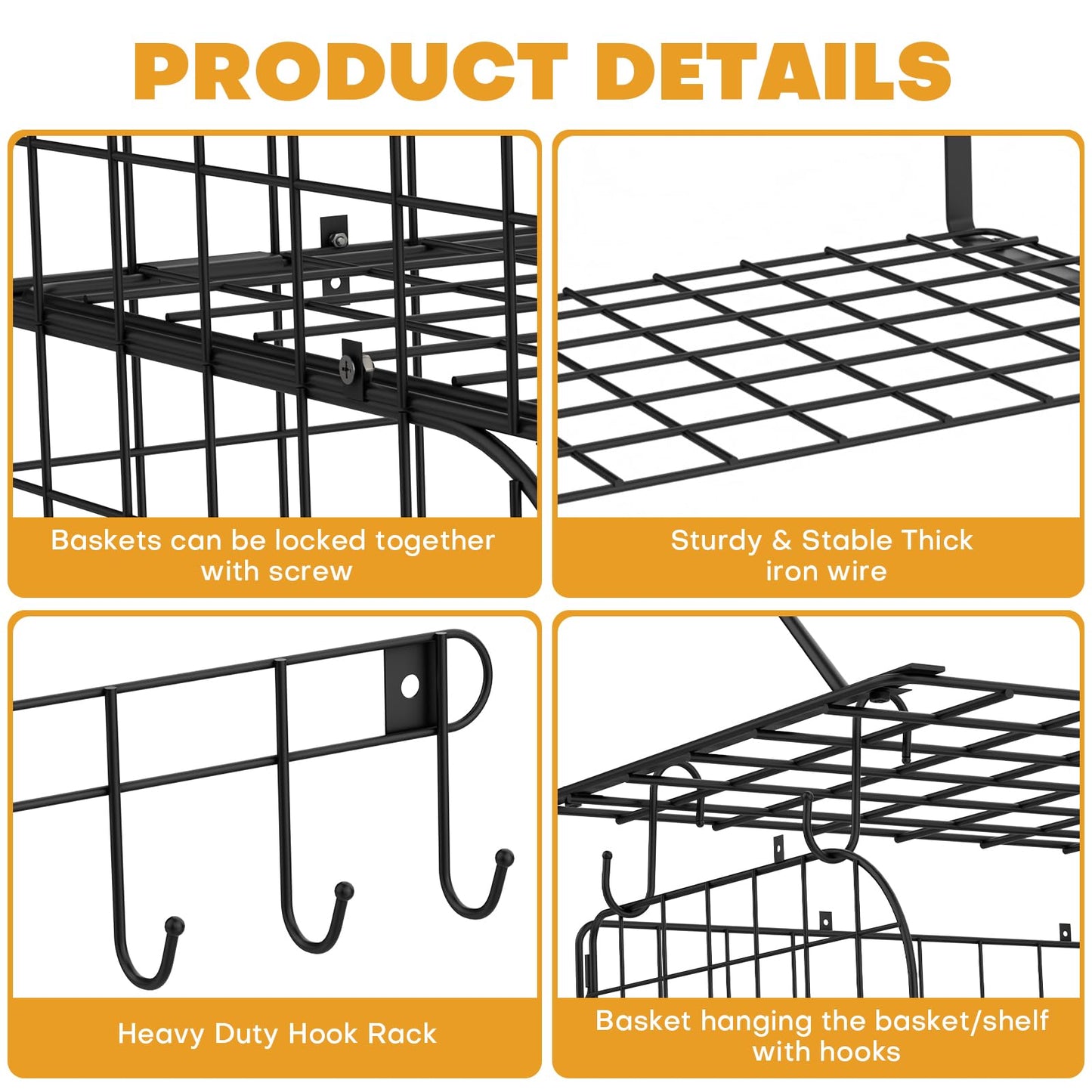 ALIESTFDNO Garage Shelves Wall Mount with Wire baskets, 8-IN-1 Heavy Duty Garage Wall Shelving with Garden Tool Rack 2pack & 6pcs Hooks, Wire Shelf Baskets Tool Shelves for Home Garage Garden Storage