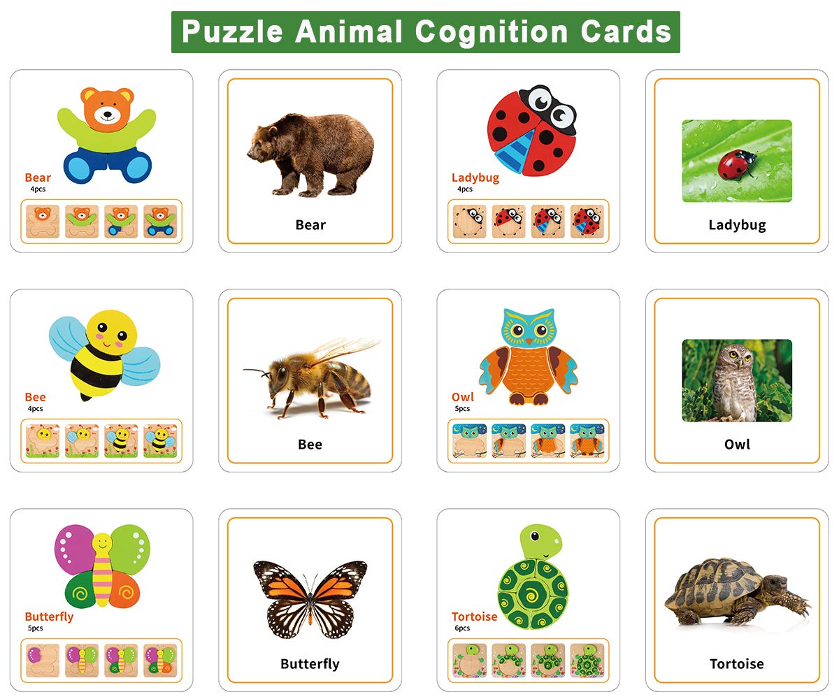 Toddler Puzzles, Wooden Jigsaw Animals Puzzles for 1 2 3 Year Old Girls Boys Toddlers, Educational Preschool Toys Gifts for Colors & Shapes Cognition Skill Learning LURLIN