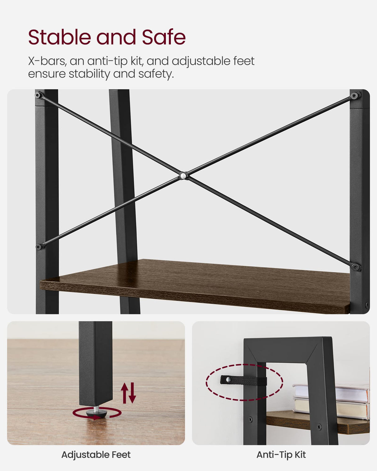 VASAGLE Ladder Shelf, 4-Tier Bookshelf, Storage Rack, Bookcase with Steel Frame, for Living Room, Home Office, Kitchen, Bedroom, Industrial Style, Rustic Dark Brown and Black ULLS44BF VASAGLE