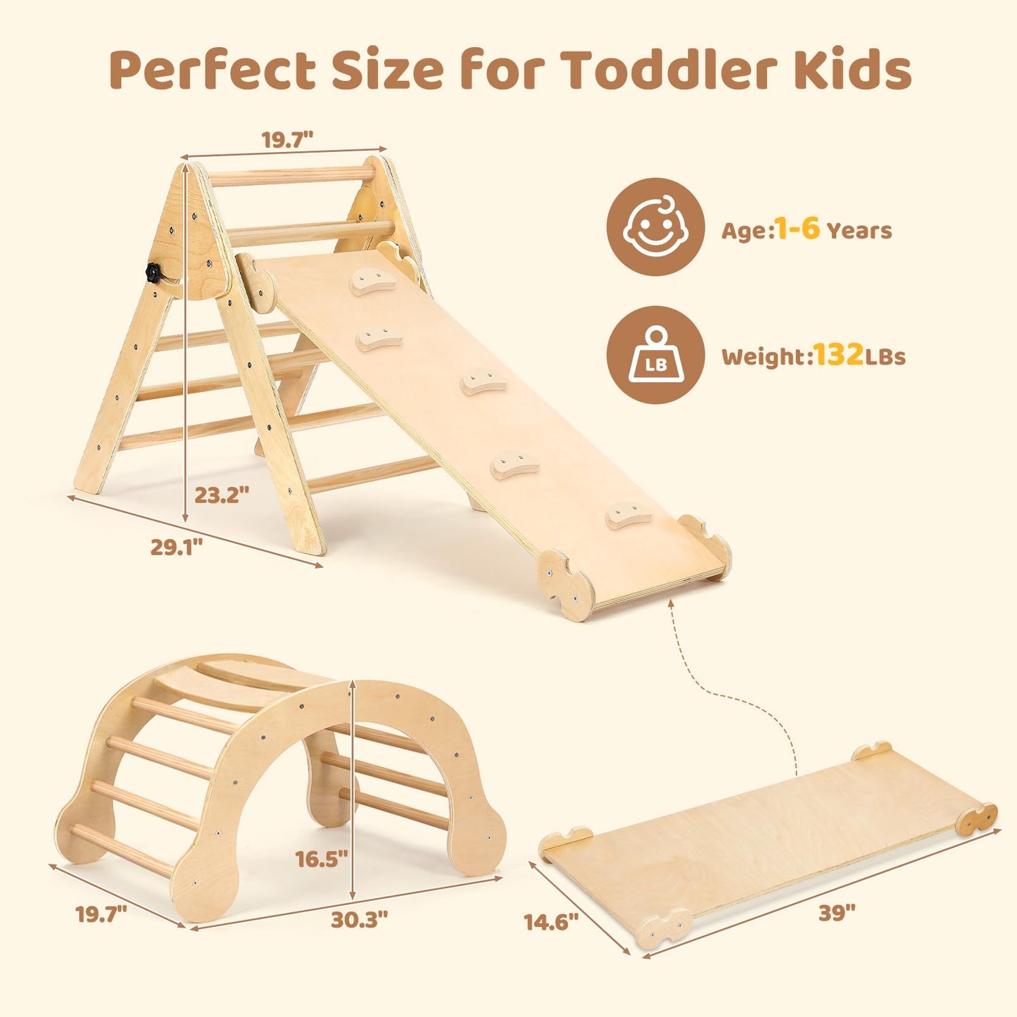 YOLEO Pikler Triangle Set, Foldable 7-in-1 Montessori Climbing Set Fun Baby Pickler-3 Piece Climbing Jungle Gym and Indoor Playground Climbing Toys for Toddlers 1-3 Inside (Natural, Standard Version)