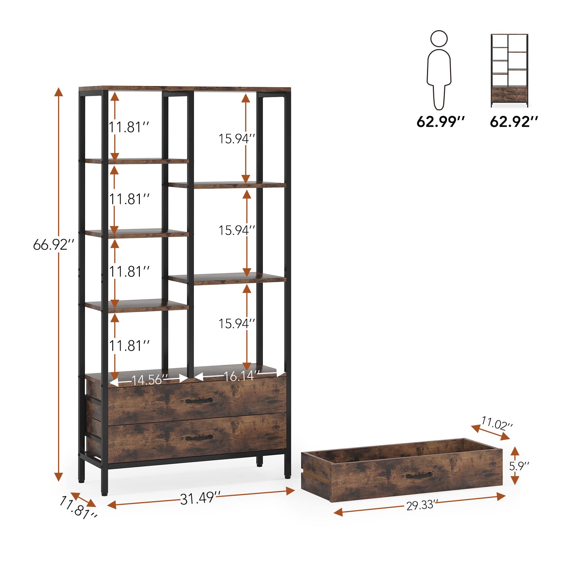 Modern Tall 5-Tier Bookshelf with Drawers by Tribesigns - Brown & Black Etagere Display Rack - WoodArtSupply