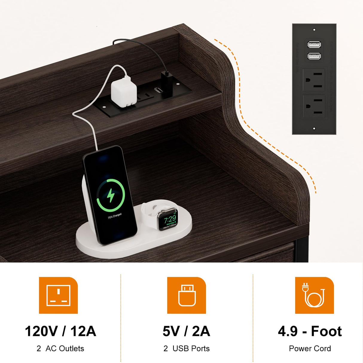 REAHOME 5 Drawer Dresser for Bedroom with Charging Station and LED Lights, Brown Chest of Drawers with Shelves, Tall Night Stand with Sturdy Steel Frame & Wood Top for Bedroom - Brown REAHOME