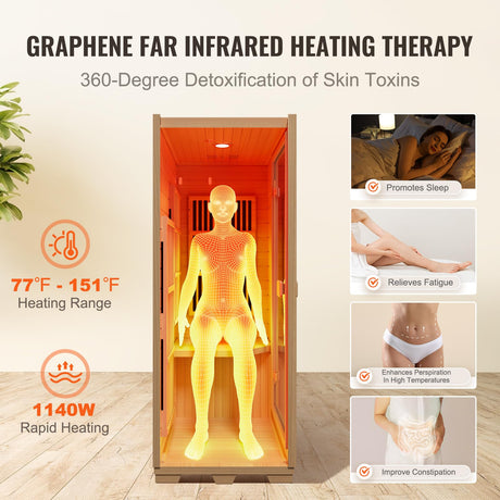 VEVOR Far Infrared Wooden Sauna, Room Home Sauna Spa for One Person, 1140W Low EMF Far Infrared Hemlock Wood Sauna with Tempered Glass Door & LED Reading Lamp & Bluetooth Speakers, 35 * 29 * 64 Inch VEVOR