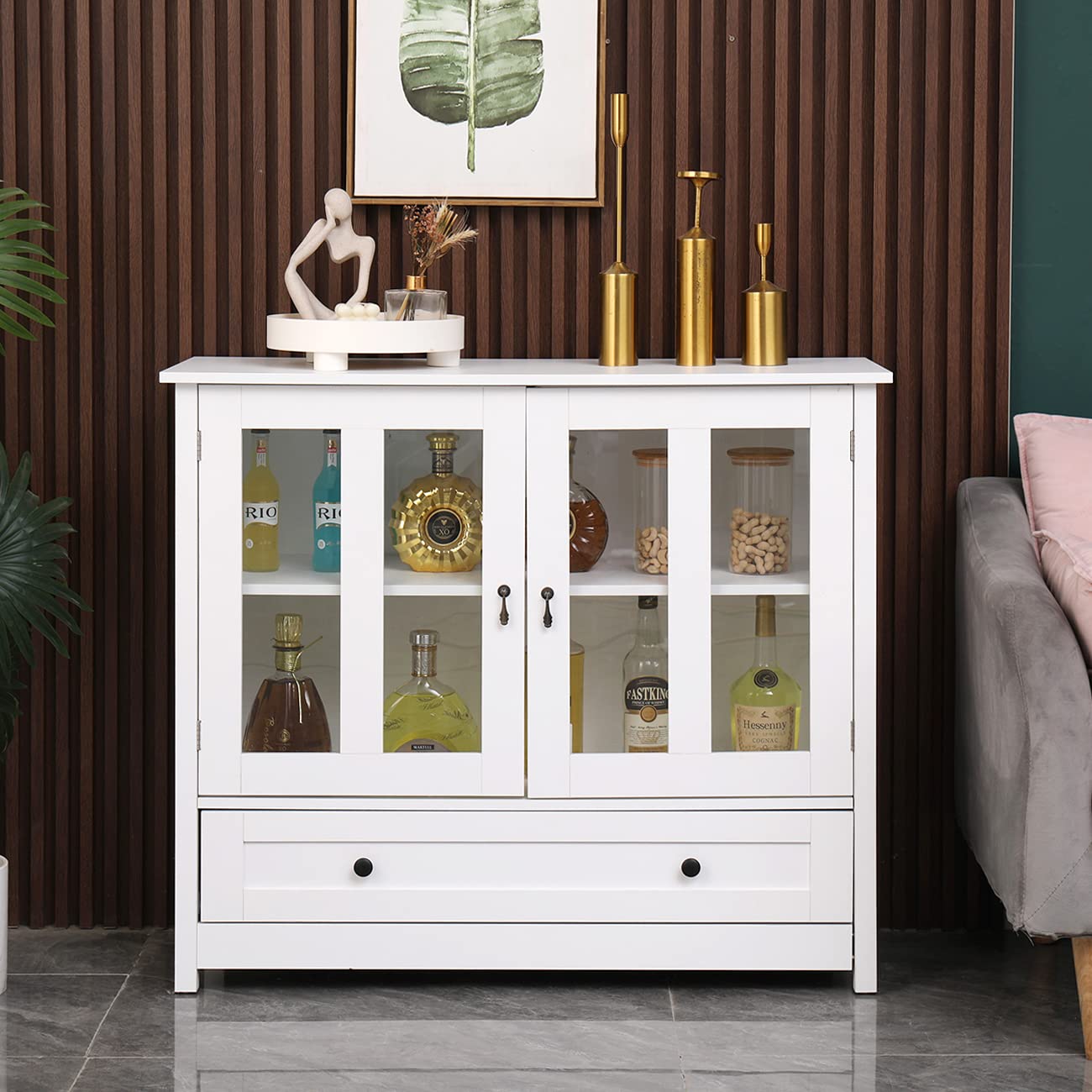 Large Buffet Cabinet for Living Room Kitchen, White Storage Sideboard with Glass Doors and Drawer, Credenza Console Table for Dining Room Entryway, Wooden Serve Cupboard Pantry Cabinet with S - WoodArtSupply