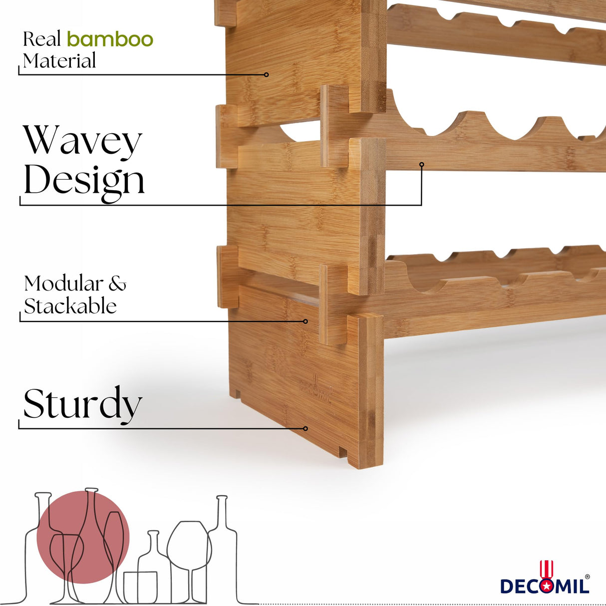 DECOMIL - 72 Bottle Stackable Modular Wine Rack Wine Storage Rack Solid Bamboo Wine Holder Display Shelves, Wobble-Free (Eight-Tier, 72 Bottle Capacity) DECOMIL