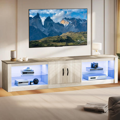 Bestier 80 Inch TV Stand for 65/75/85 inch TVs, Modern LED Entertainment Center with Storage Cabinet, Adjustable Glass Shelves ＆ Cable Management, Gaming TV Console Table for Living Room, Wash White Bestier