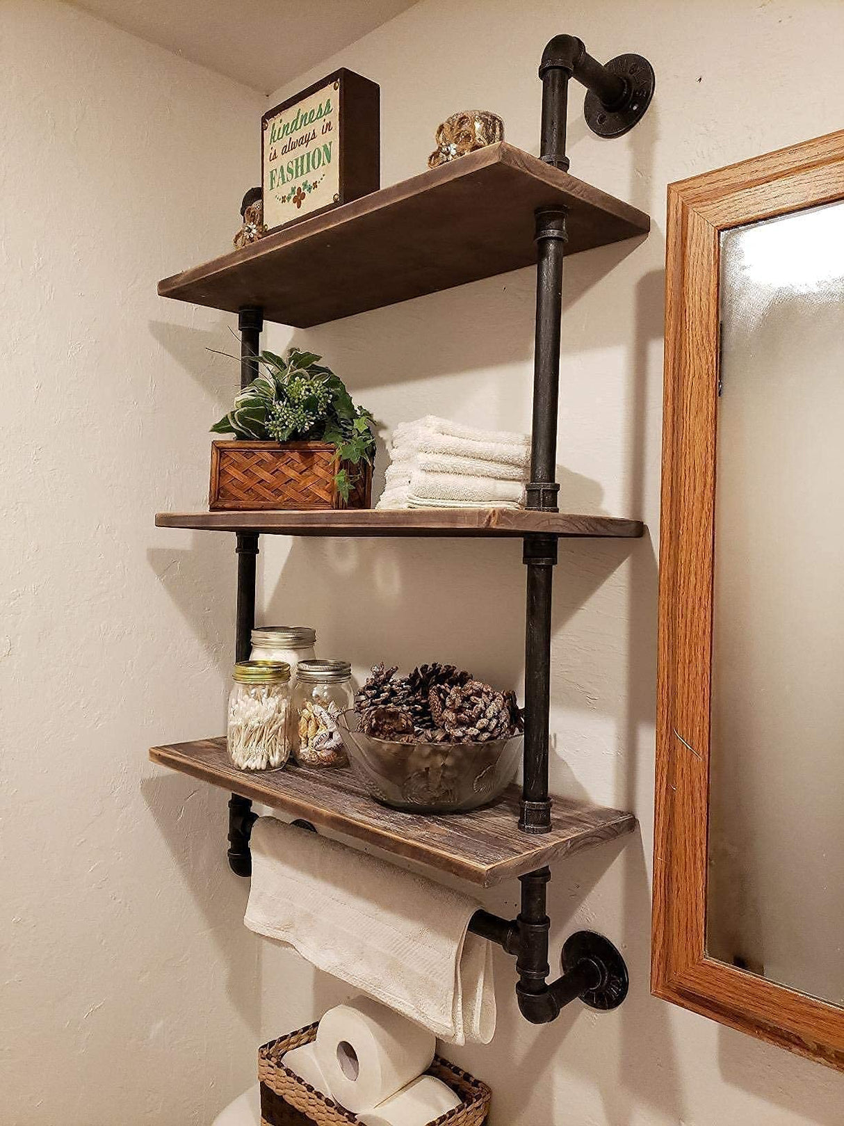 DR.IRON Industrial Pipe Shelving Rustic Bathroom Shelves with Towel Bar, 24" Pipe Shelf Wall Mounted, Farmhouse Bathroom Shelf Storage (3 tier-24) DR.IRON