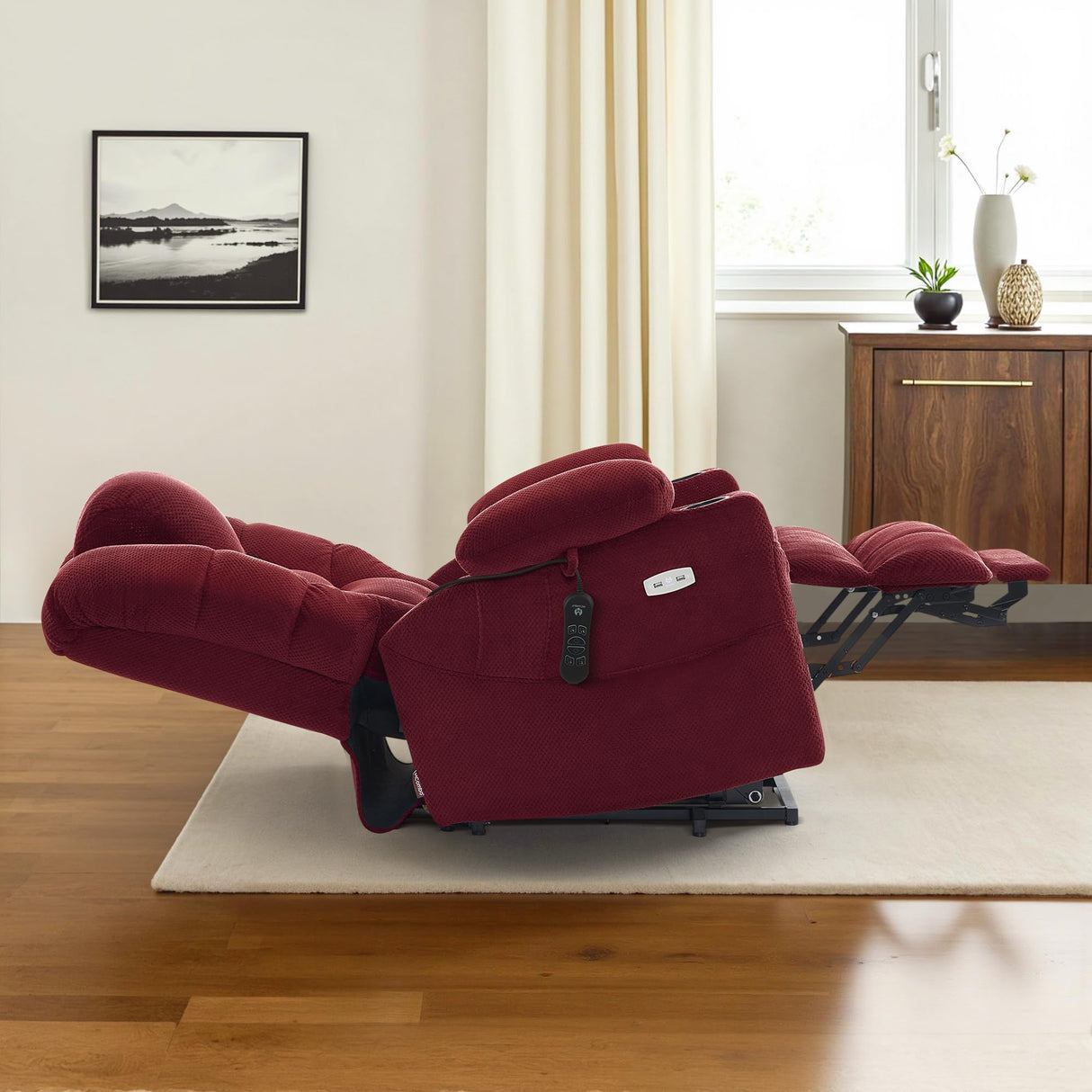 MCombo Large Triple Motor Power Lift Recliner Chair with Massage and Dual Heating, Adjustable Headrest for Tall Elderly People, Fabric 7634 (Burgundy, Large) MCombo