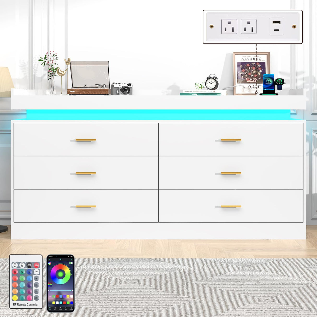 Hlivelood 6 Drawer Dresser with LED Light and Charging Station, 59" Modern Chest of Drawers for Closet, Wide Drawer Organizer Cabinet for Bedroom, Living Room, Entryway, Hallway, White Hlivelood