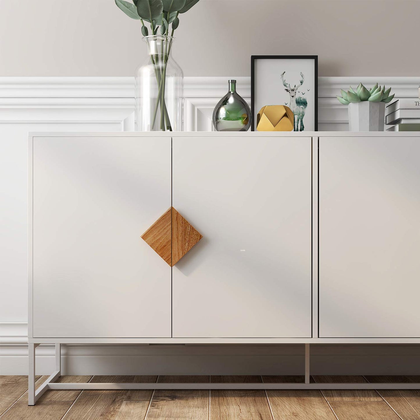 RASOO Buffet Cabinet White 4 Doors Modern Kitchen Buffet Storage Sideboard Cabinet Credenza Cabinet Cupboard with Adjustable Shelves - WoodArtSupply