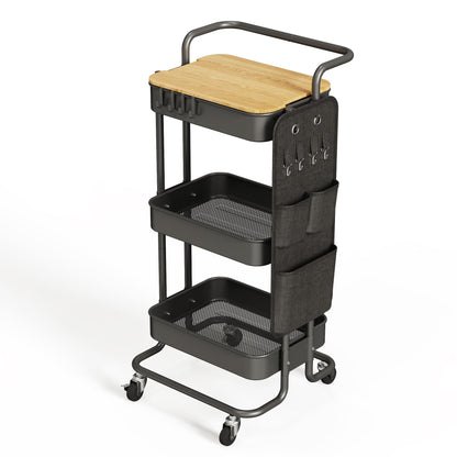 DTK 3 Tier Metal Utility Rolling Cart with Table Top and Side Bags, Tray Storage Organizer Wheels, Art Craft 4 Hooks for Kitchen Bathroom Office Living Room (Black) - WoodArtSupply