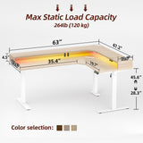 TIQLAB 63'' L-Shaped Standing Desk with LED Light Strip and Power Outlet, Height Adjustable Corner Table with Ergonomic Monitor Stand, Light Walnut TIQLAB
