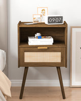 Veegle Rattan Nightstand,Modern Bedside Table with Storage Drawer and Open Wood Shelf, for Living Room, Bedroom and Small Spaces, Accent Night Stand with Solid Wood Legs, Easy Assembly,Walnut Brown Veegle