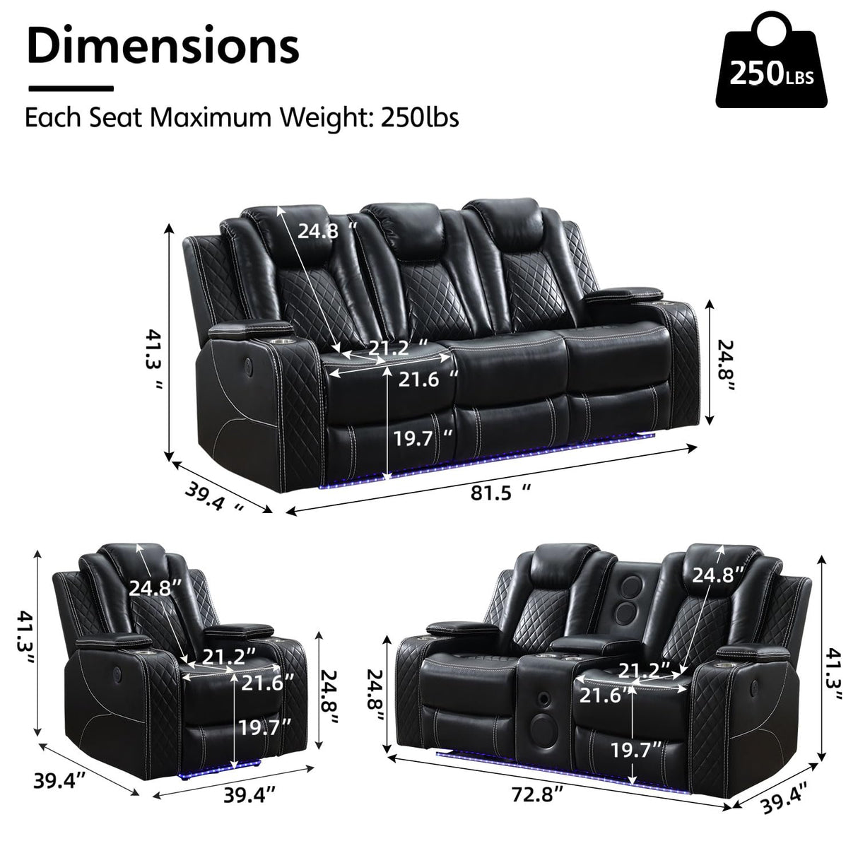 Power Recliner Sofa Set of 3 Pieces with Bass Speakers for Living Room, Faux Leather Electric Zero Gravity 3 Seater Reclining Couch with Wireless Charger and Loveseat Theater Chair w/LED Lights,Black Comfort Stretch