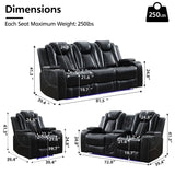 Power Recliner Sofa Set of 3 Pieces with Bass Speakers for Living Room, Faux Leather Electric Zero Gravity 3 Seater Reclining Couch with Wireless Charger and Loveseat Theater Chair w/LED Lights,Black Comfort Stretch