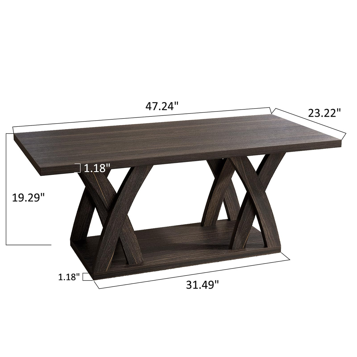 FROMJBEST Farmhouse Coffee Table with Shelf, Wood Coffee Table for Living Room, Open Display Area,47” Dark Brown FROMJBEST