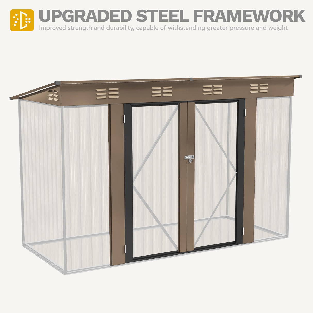 DWVO 9.1x4.2ft Large Outdoor Storage Shed, Metal Tool Sheds, Heavy Duty Tool Storage with Lockable Doors & Air Vent for Backyard Patio Lawn to Store Bikes, Tools, Lawnmowers,Brown DWVO