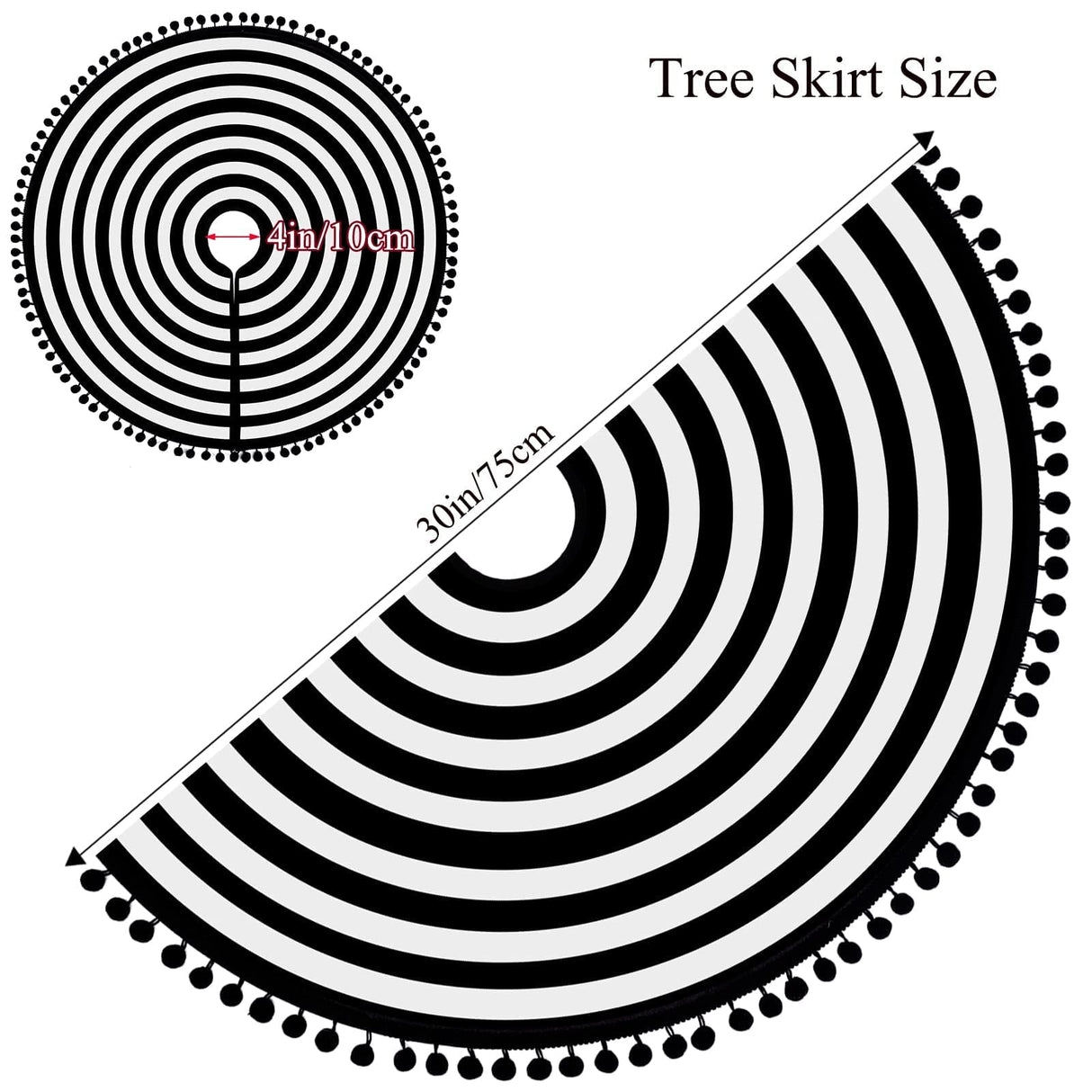 MACTING Christmas Black and White Tree Skirt, 30 Inch Annual Rings Tree Mat with Pom Poms for Xmas Tree Halloween Indoor Home Holiday Party Christmas Decorations MACTING