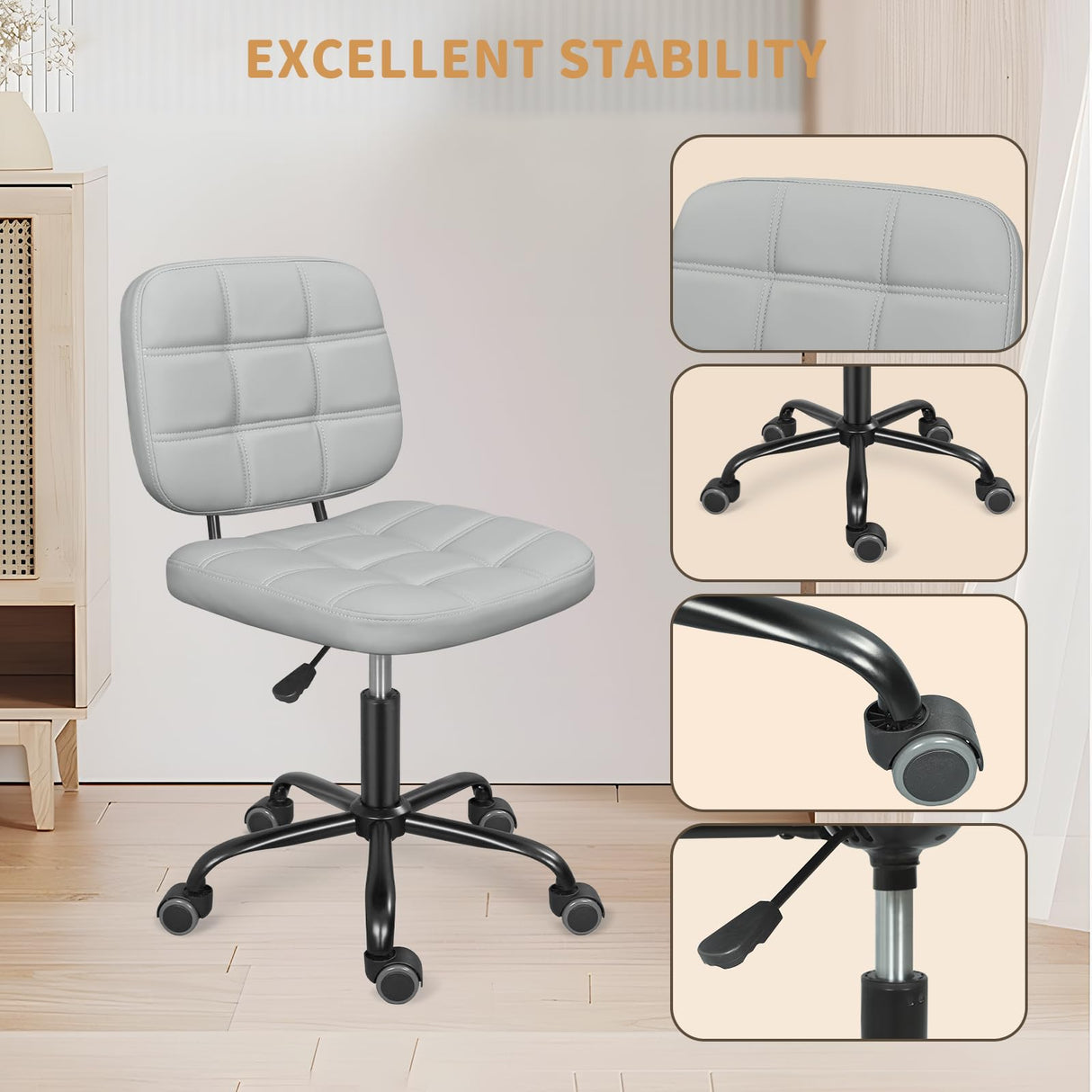 ERGOSEAT Armless Home Office Desk Chair with Wheels, Modern Ergonomic Drafting Rolling Chair with 360° Swivel Wheels,Height Adjustable Computer Task Chairs for Small Space, Light Grey ERGOSEAT