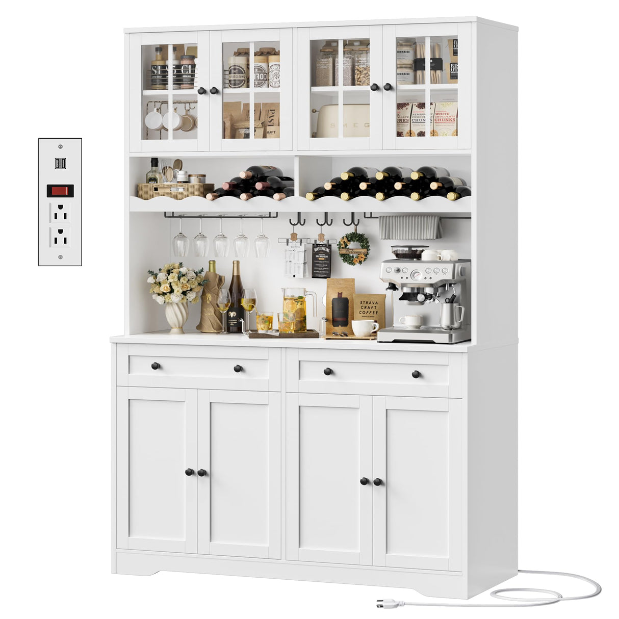 HOSTACK 75.4" Tall Kitchen Pantry Cabinet with Charging Station, Modern White Kitchen Hutch with Microwave Stand and Wine Racks, Large Food Pantry Storage Cabinet with Glass Doors and Drawers, White HOSTACK