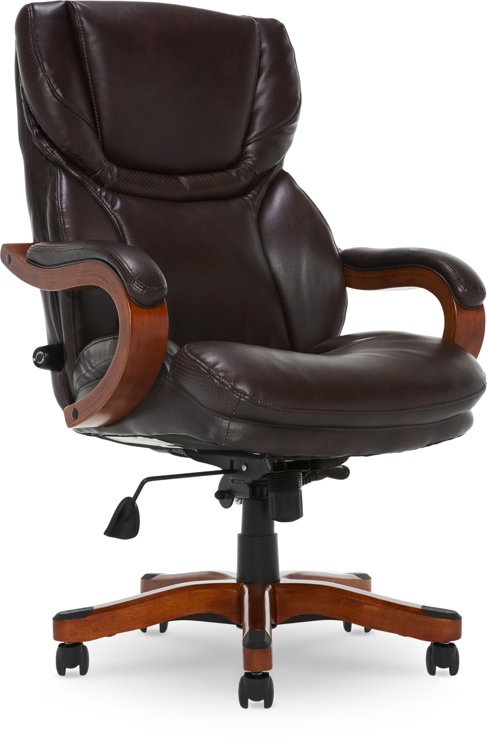 Serta Big and Tall Executive Office Chair with Wood Accents, Adjustable High Back Ergonomic Computer Chair with Lumbar Support, Bonded Leather, Brown - WoodArtSupply