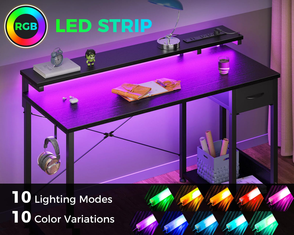 AODK Gaming Desk with LED Lights & Power Outlet, 48 Inch Computer Desk with Drawer, Reversible Desk with Adjustable Monitor Shelf & Headphone Hook for Home Office, Black AODK