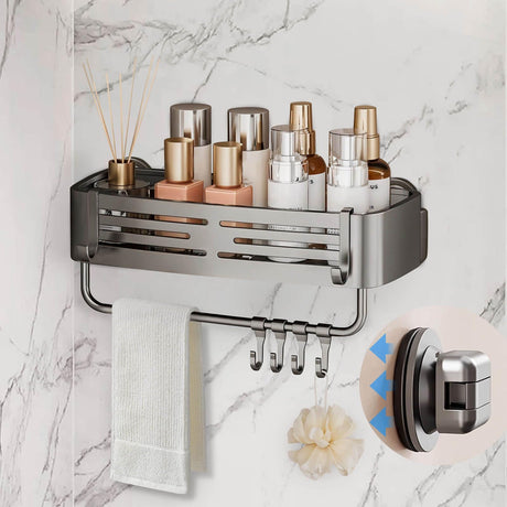 Onemake Shower Caddy Suction Cup, No Drilling Bathroom Shower Shelf, Corner Shower Caddy with 6 Portable Hooks, Removable Bath Organizer with Towel Bar for Bathroom Storage(Gray) Onemake